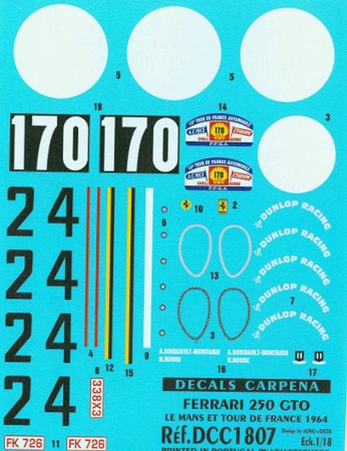 Decal Ferrari 250Gto LM n° 24 - Tdf n°170 1964